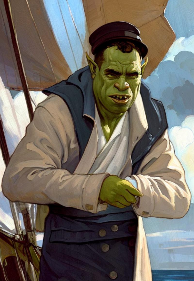 16459-2960246661-full shot painting ((orc)) rogue sailor with a pea coat and a panama hat, older, grizzled, stubble, white hair, [fat] [wrinkled].png